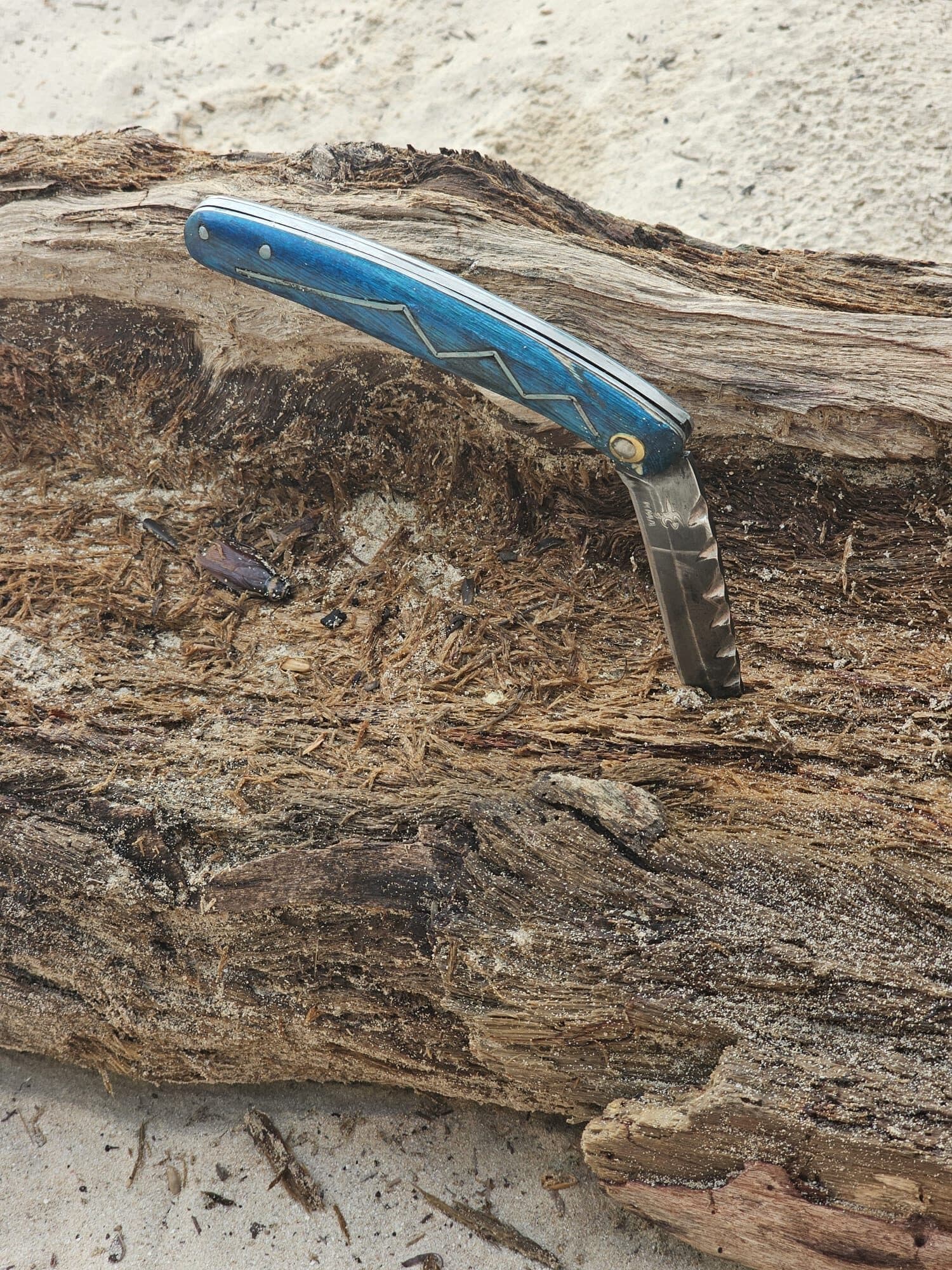 Couteau pliant au manche bleu, posé sur une écorce de bois flotté