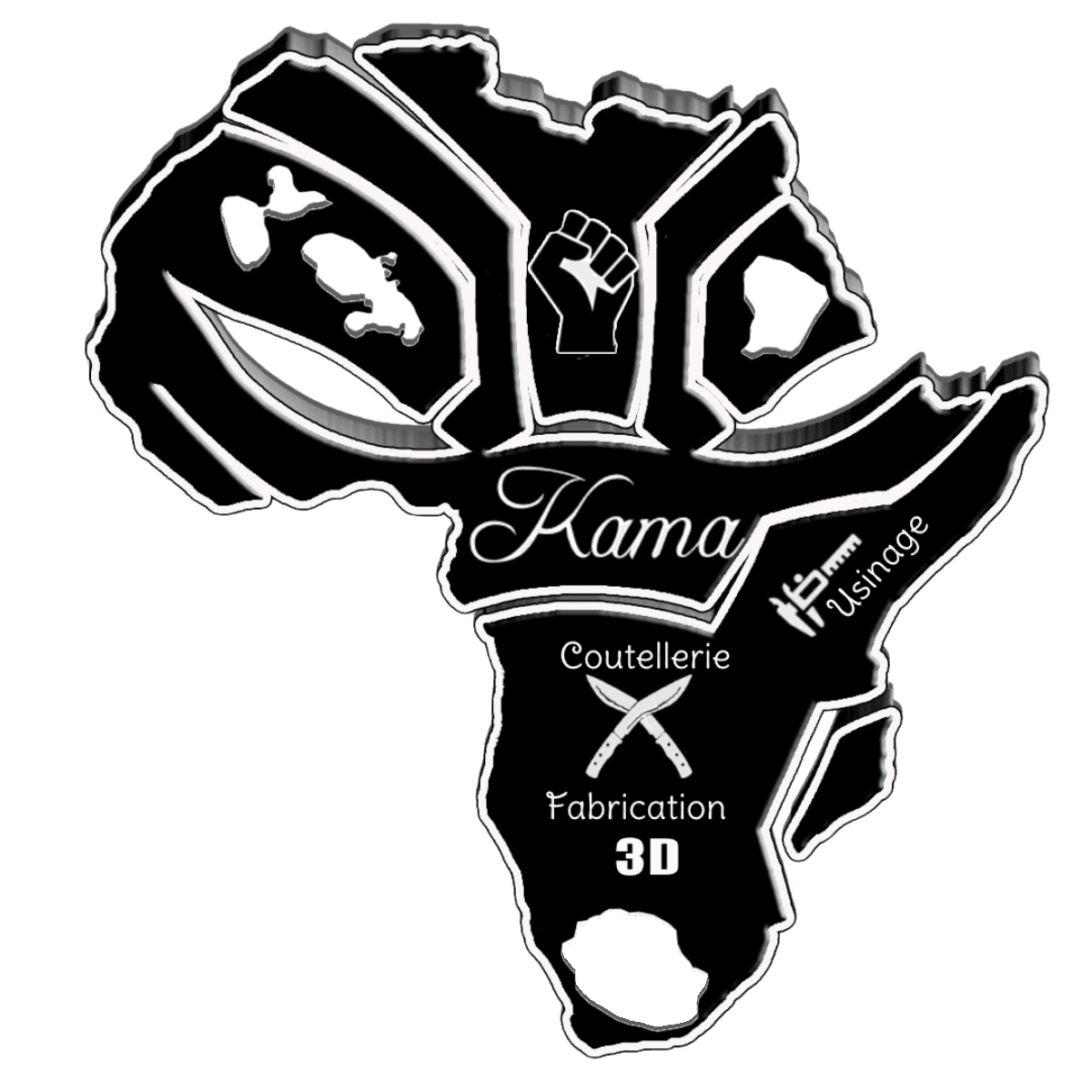 Emblème Kama Méca : silhouette du continent africain, poing levé, mentions coutellerie, fabrication 3D et usinage